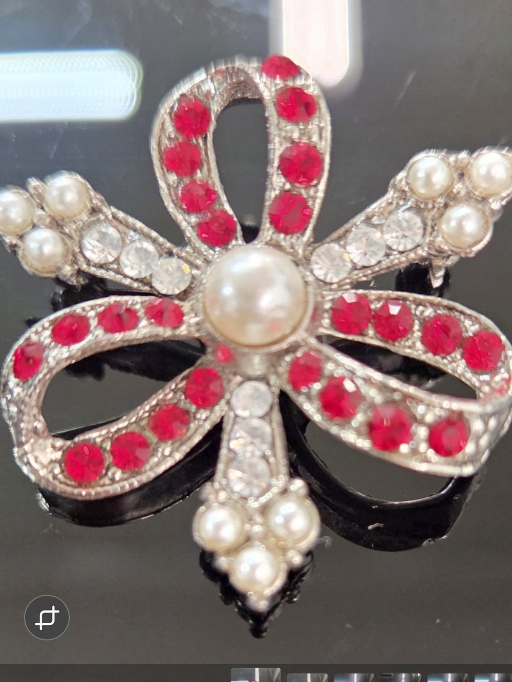 Elegant Pearl & Red Crystal Bow Brooch - Women Jewelry